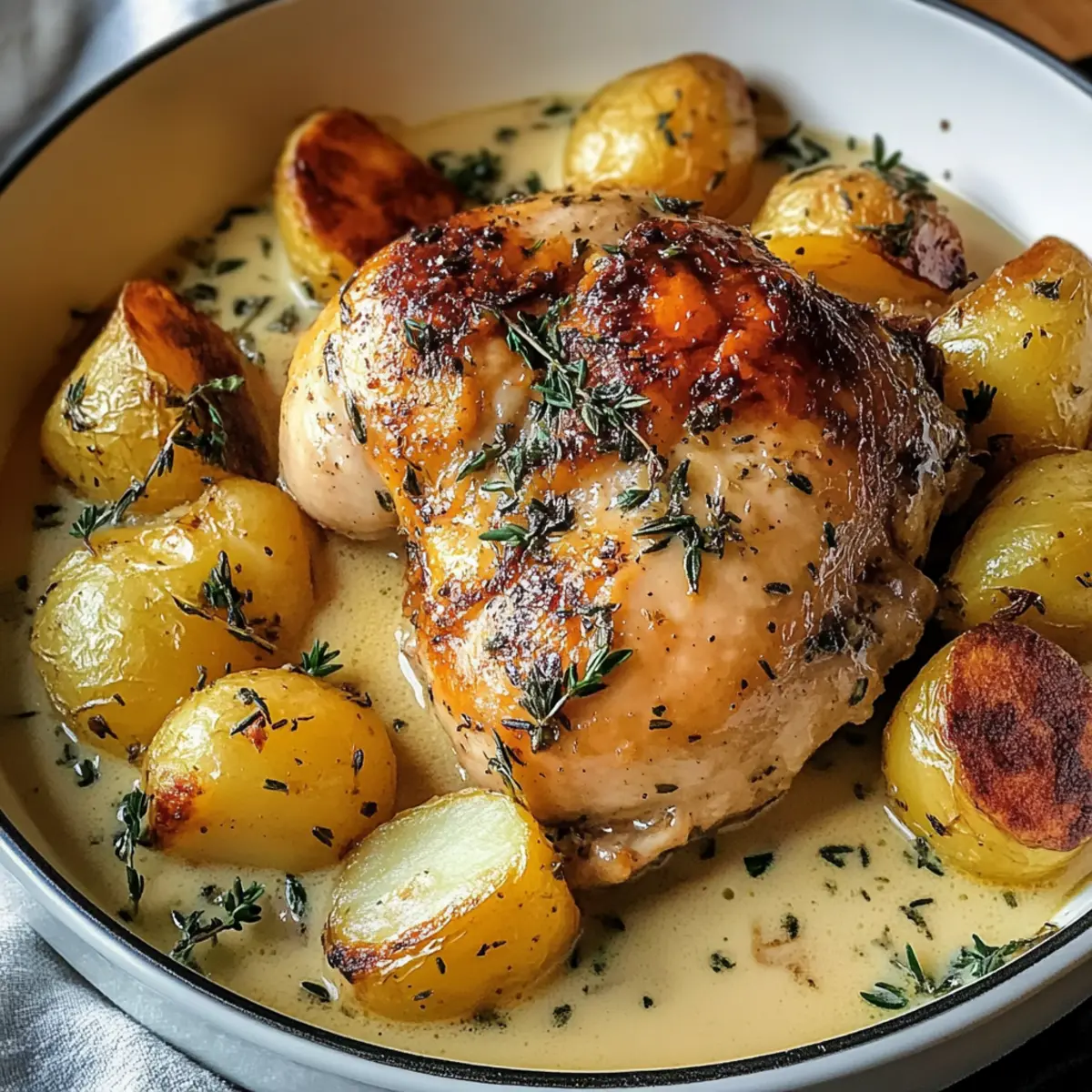 Kräutergebratenes Hähnchen in cremiger Weißweinsauce